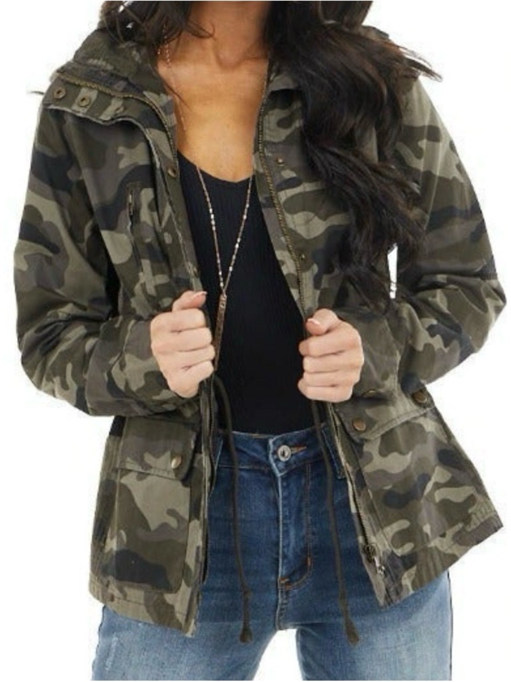 Love Tree Olive Camo Hooded Utility Jacket